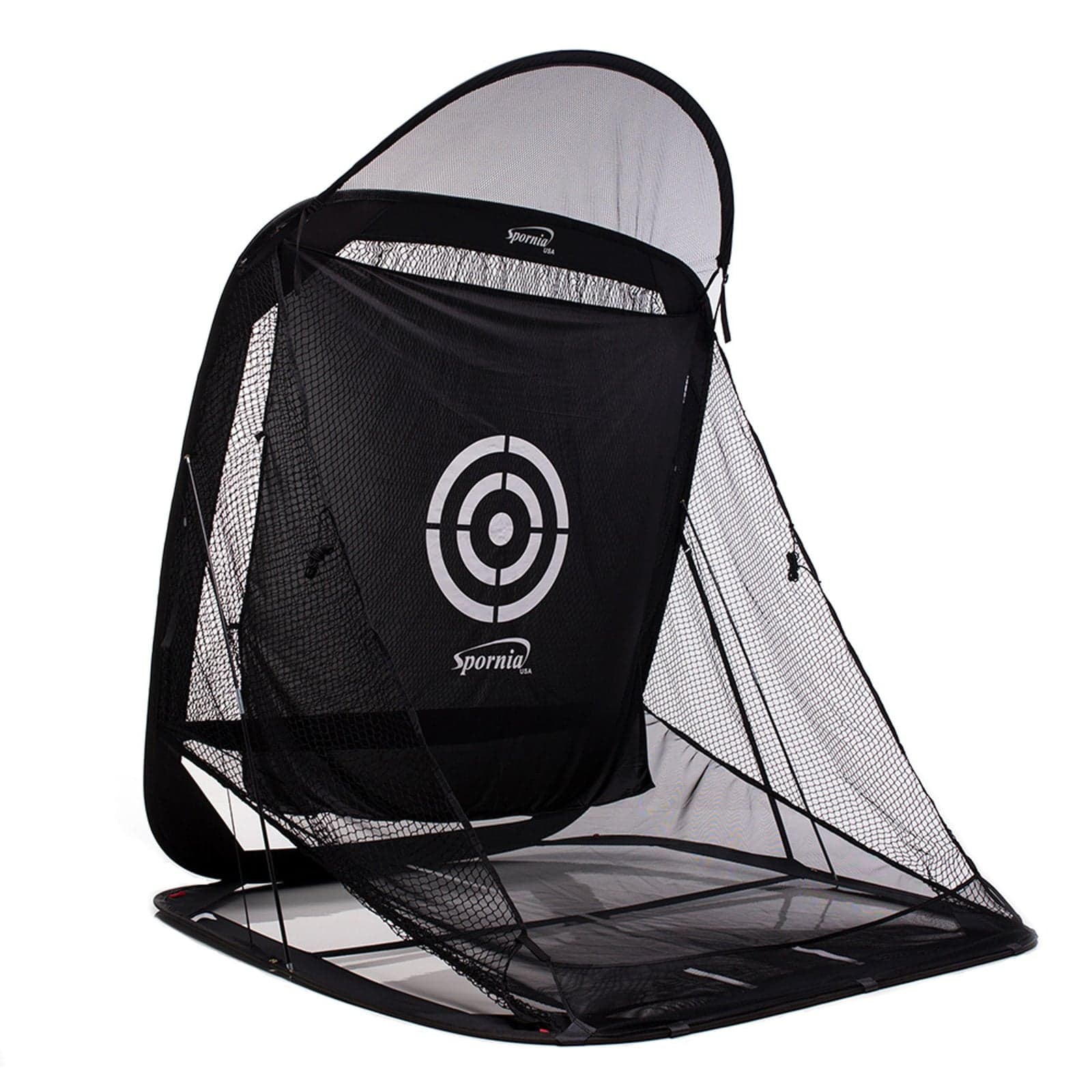 Spornia SPG golf practice net with target panel and roof canopy, on white