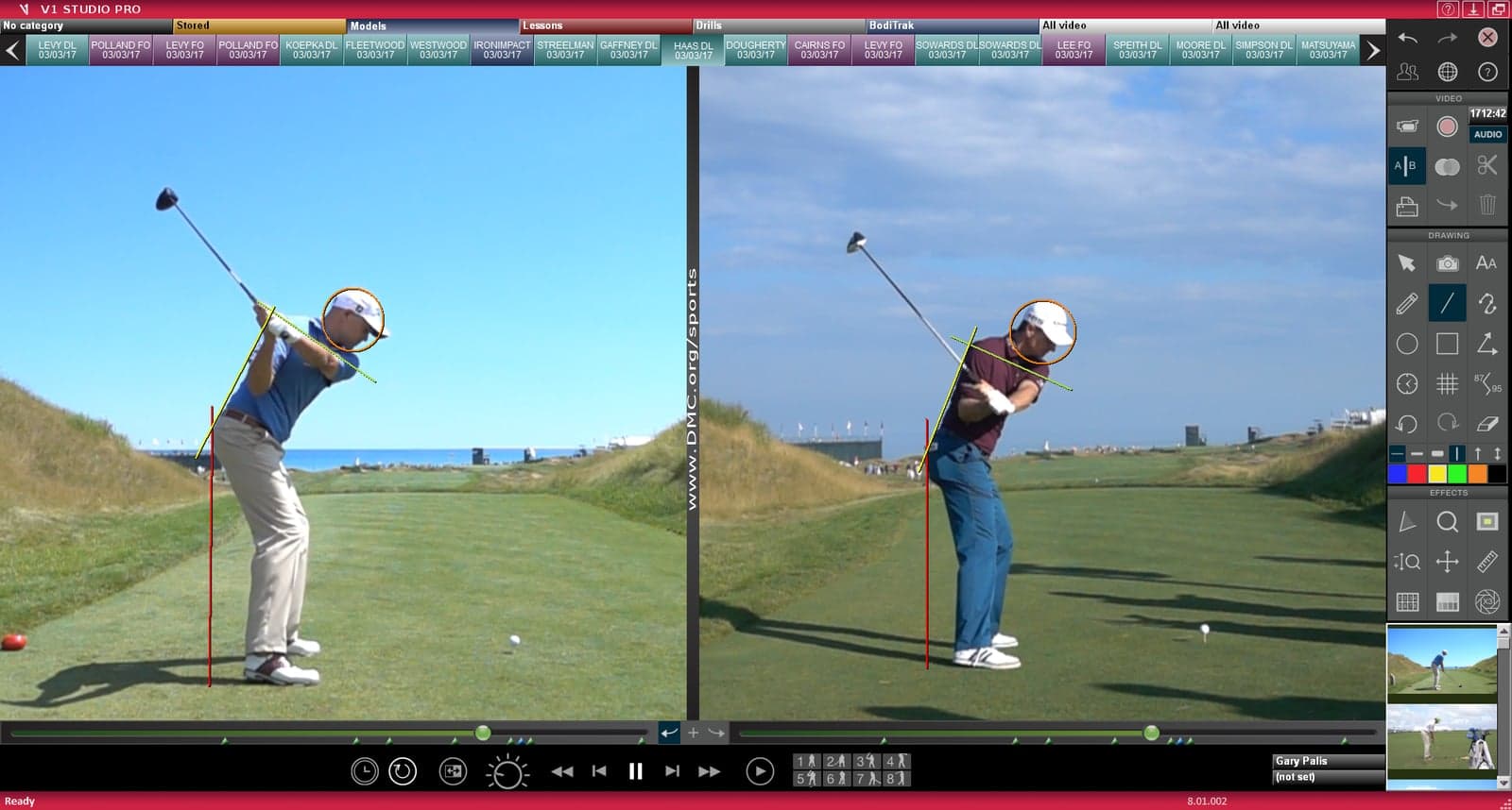 V1 Pro Golf split-screen swing comparison with overlay analysis