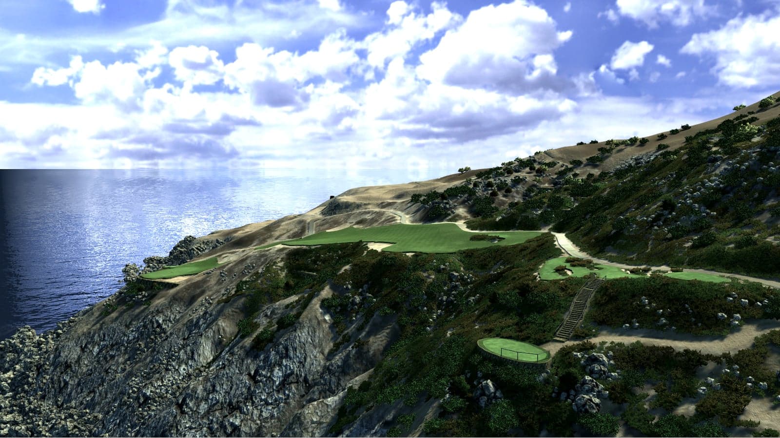 Full Swing simulator software rendering a coastal hole